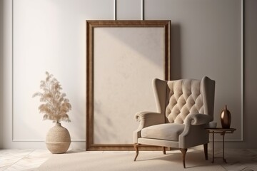 Warm neutral wabi sabi style minimalist interior mockup with poster frame with beige retro armchair, coffee table, jute decoration, ceramic jug, plant, sunlight and shadow, against empty wall.