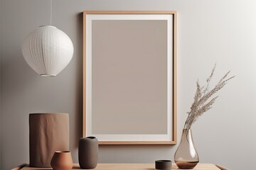 Warm neutral wabi sabi style minimalist interior mockup with poster frames, glass vase, ceramic jug, desk lamp, table, and dried plant, branches, against empty concrete wall.