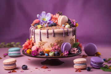 Obraz na płótnie Canvas Colorful birthday cake with macarons and flowers on pastel purple background
