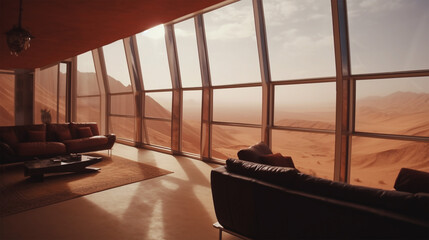 Mars space station interior of residential module, Hotel, living room of apartment. View through the window to red desert. Travel, colonization. Ai generated art.