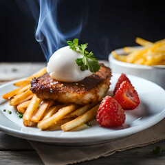 Milanese with French fries hard-boiled egg and strawberries