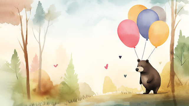 Holiday Birthday card with bear with balloon. Illustration. post processed AI generated image