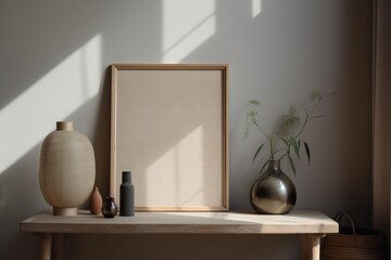 Warm neutral wabi sabi style minimalist interior mockup with poster frames, jute decoration, candles, ceramic jug, table, and dried plant, branches, against empty wall.