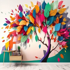 Colorful tree with leaves on hanging branches illustration background. 3d abstraction wallpaper for interior mural wall art decor. Floral tree with multicolor leaves with generative AI