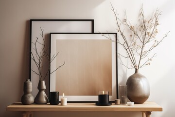 Warm neutral wabi sabi style minimalist interior mockup with poster frames, jute decoration, candles, ceramic jug, table, and dried plant, branches, against empty wall.