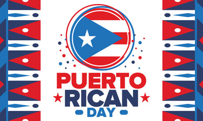 Puerto Rican Day. National happy holiday. Festival and parade in honor of independence and freedom. Puerto Rico flag. Latin american country. Patriotic elements. Vector poster illustration