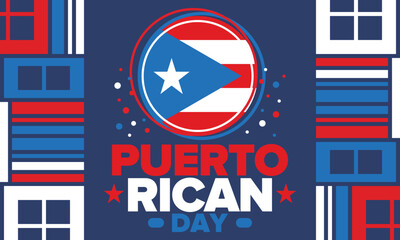 Fototapeta na wymiar Puerto Rican Day. National happy holiday. Festival and parade in honor of independence and freedom. Puerto Rico flag. Latin american country. Patriotic elements. Vector poster illustration