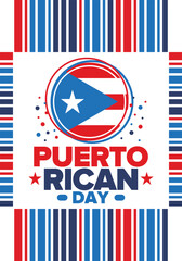 Puerto Rican Day. National happy holiday. Festival and parade in honor of independence and freedom. Puerto Rico flag. Latin american country. Patriotic elements. Vector poster illustration