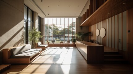 The use of natural light and earthy materials peaceful atmosphere modern building. AI generated