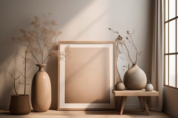 Warm neutral wabi sabi style minimalist interior mockup with poster frames, jute decoration, ceramic jug, table, and dried plant, branches, against empty wall.