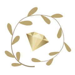 Creative wreath leaves with diamond, cute rustic ring floral logo design. Vector illustration isolated on white.