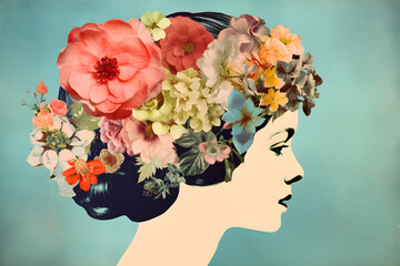 Collage with woman head and flowers on a blue background, vintage collage. Generative AI.