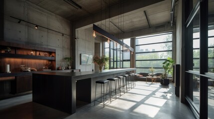 Plakat A harmonious blend of wood, metal, and concrete kitchen interior. AI generated