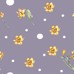 Watercolor hand drawn seamless pattern of yellow narcissus in cartoon style. Kids style background illustration with of a beautiful summer or spring flowers. Applicable for textiles, wallpapers,decor.