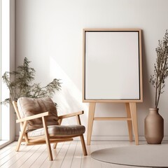 Warm neutral wabi sabi style minimalist interior mockup with poster frame with wooden armchair, jute decoration, ceramic jug, plant, sunlight and shadow, against empty wall. 3d rendering