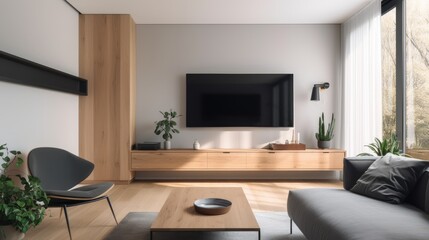 Fototapeta premium Wall-mounted television in a minimalist media room. AI generated