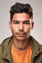 Young Latino man head shot portrait over white background. Generative AI vertical shot