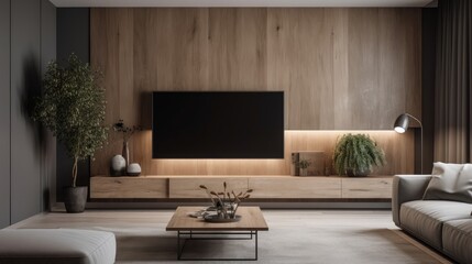 Wall-mounted television in a minimalist media room. AI generated