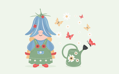 Cute garden gnome. A bell girl with a watering can. Gardener. A joyful, kind, fairy-tale dwarf elf. Cartoon vector illustration