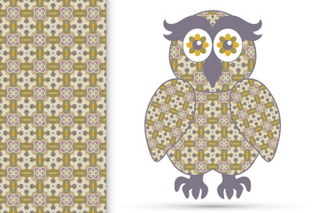 Decorative ornate owl and vertical seamless pattern with floral geometric repeating texture, ethnic ornament. Isolated element for t-shirt print, invitation or greeting card design