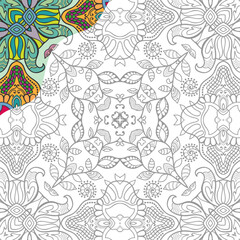 Decorative doodle pattern for coloring book. Hand drawn fantasy line art, floral geometric ornament for painting, coloring page. Tribal ethnic decoration. Black and white with sample of colors