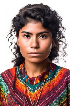 Young Aztec descendant woman head shot portrait over white background. Generative AI vertical shot