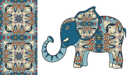 Cartoon elephant lettering illustration and seamless artistic pattern, colorful hand drawn ornament. Cute childish design. Vector doodle background for wallpaper, pattern fills, textile fabric print