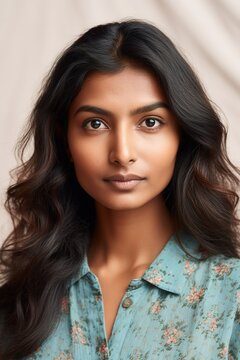 Indian young woman portrait over white background. Generative AI vertical shot