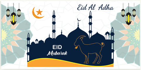 Illustration vector graphic of a mosque and goat in silhouette with a glowing lantern for Eid al adha mubarak. good for background, banner, card, and poster flyer templates.