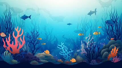 Naklejka na ściany i meble Underwater world, small fishes and corals, cartoon style, banner design. Generative AI