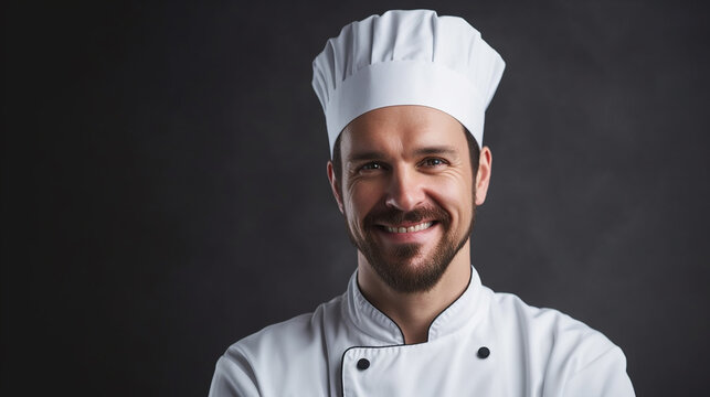 Young smiling chef on the grey background, banner, copy space. Generative AI - Powered by Adobe