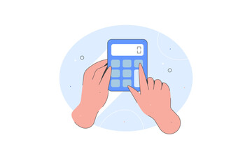 Calculation and Counting Concept, hand with calculator. Man holding calculator in hand. Vector illustration, using calculator. Calculator icon accounting finance analytics budget math device