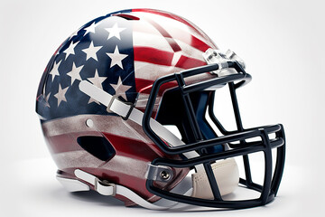 American football helmet with printed American flag, white background - obrazy, fototapety, plakaty