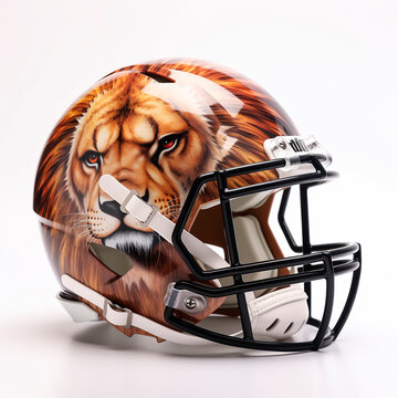 American football helmet with printed lion, white background
