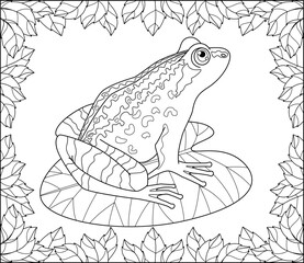 Frog sitting on a leaf of a water lily in a frame of leaves - a vector linear picture for coloring. Outline. Frog, amphibious animal for coloring book