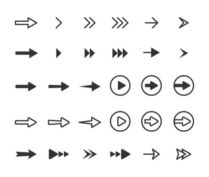Arrows icon set. Web site arrowhead symbols, next page, scroll, follow the link, internet, online, app, application, user, right, left, Technology concept. Vector stock illustration.