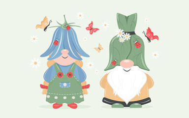 Cute garden gnomes. Bell girl and funny de. Gardener. A joyful, kind, fairy-tale dwarf elf. Cartoon vector illustration
