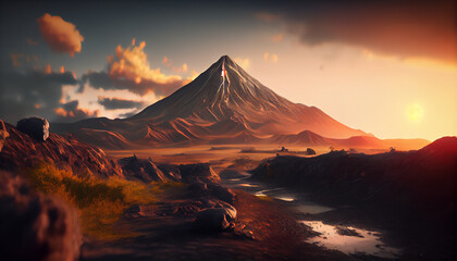 Prehistoric landscape with volcano at sunset