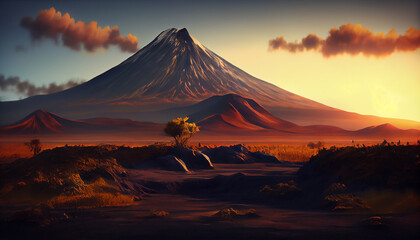 Prehistoric landscape with volcano at sunset - obrazy, fototapety, plakaty
