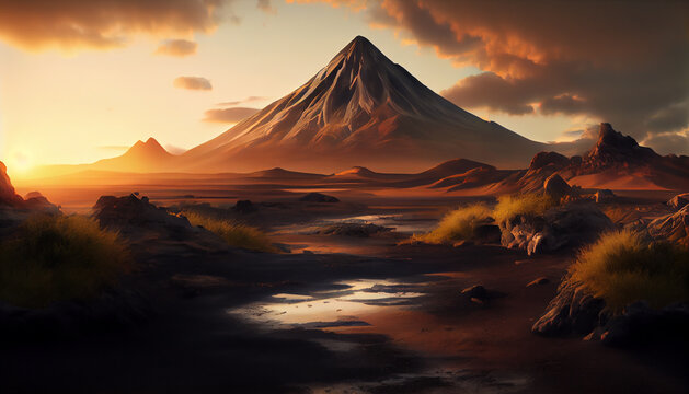 Prehistoric landscape with volcano at sunset