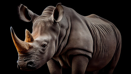 Close-up portrait of a rhino on black background