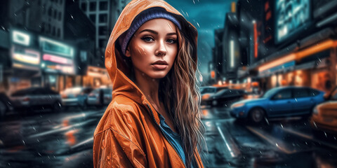 Obraz na płótnie Canvas Urban Chic portrait of a young woman wearing contemporary streetwear, cityscape street portrait, Generative AI