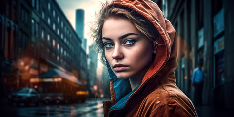 Obraz na płótnie Canvas Urban Chic portrait of a young woman wearing contemporary streetwear, cityscape street portrait, Generative AI