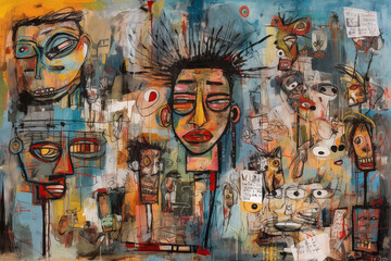 Bright abstract painting of various portraits.