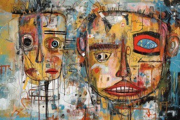 Bright abstract painting of various portraits.