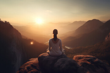 Woman Meditating in Lotus Pose with Scenic Mountain View