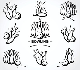 Bowling label and element set. Collection element bowling. Vector