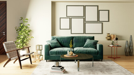 Large luxury modern bright interiors Living room mockup illustration 3D rendering computer digitally generated image
