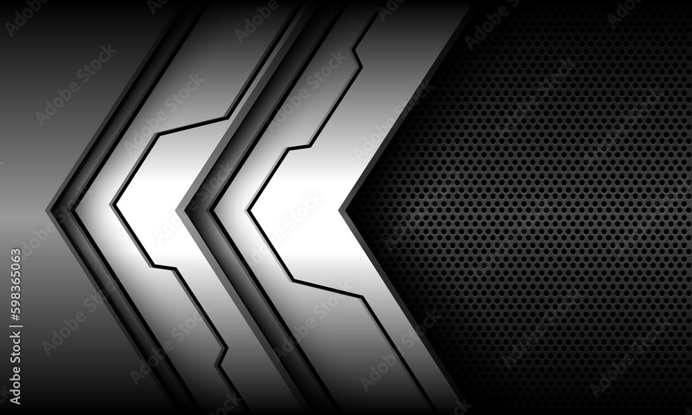 Poster abstract cyber grey metallic arrow direction overlap on dark circle mesh pattern blank space design 