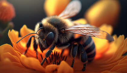 Bee on flower, a close-up of a bee on an orange bloom, Generative AI